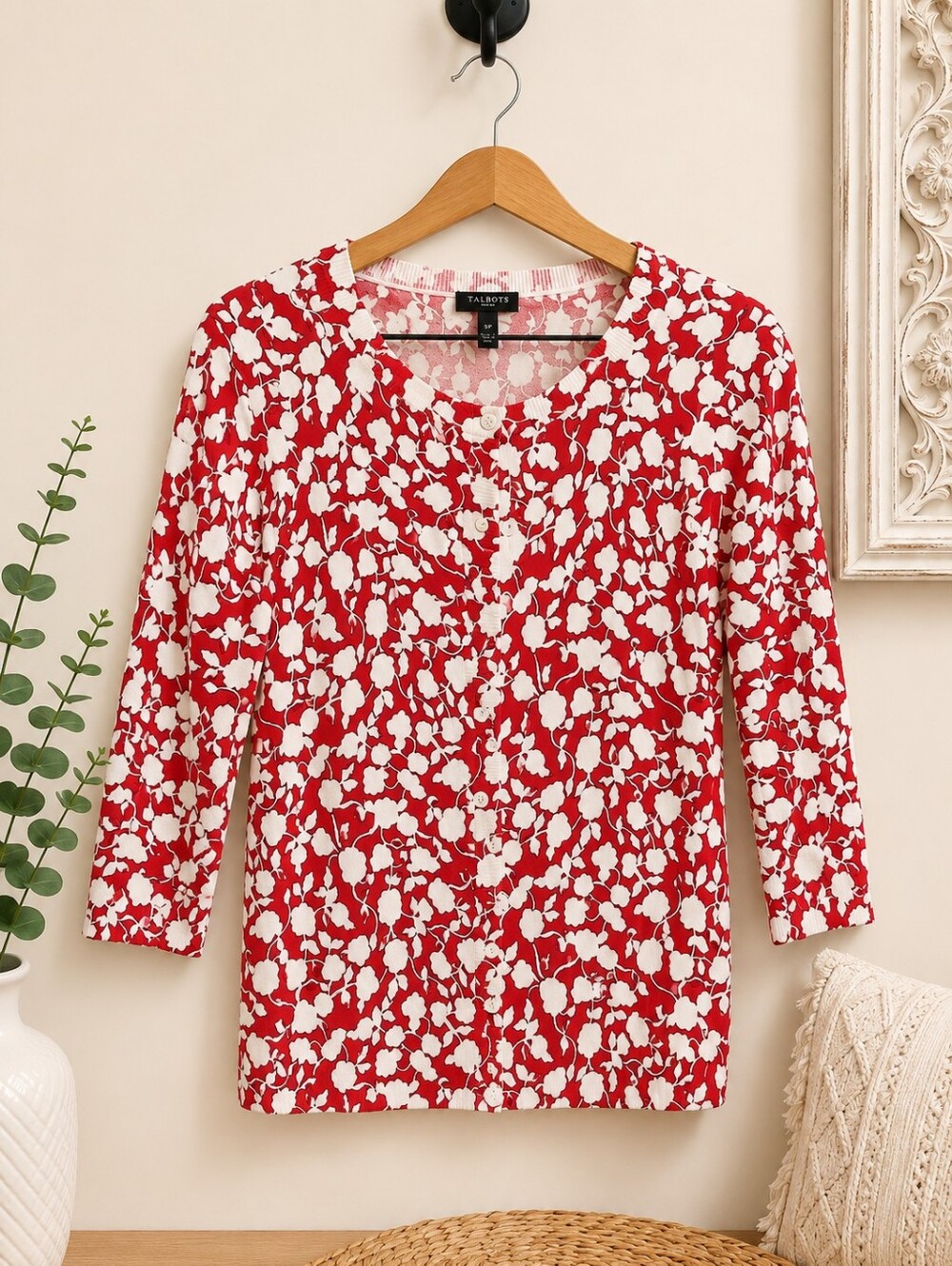 Talbots Red and White Floral Scoop-Neck Cardigan